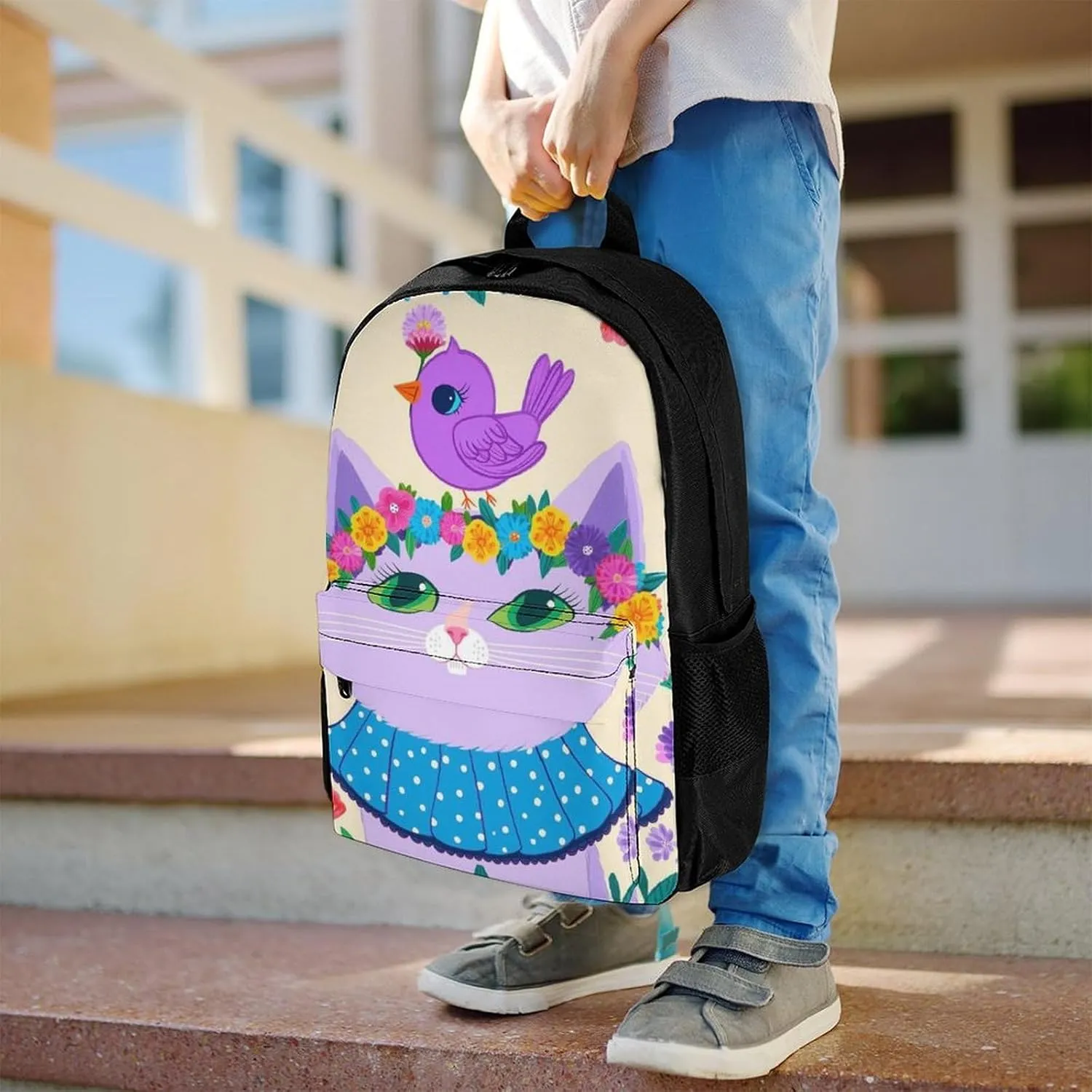 Backpack Anti-Theft Multipurpose Large Capacity Carry On Bag - Cartoon Cats Birds Flowers Childlike And Dreamy Art Camping Outdoor Backpack With Side Pockets