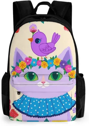 Backpack Anti-Theft Multipurpose Large Capacity Carry On Bag - Cartoon Cats Birds Flowers Childlike And Dreamy Art Camping Outdoor Backpack With Side Pockets