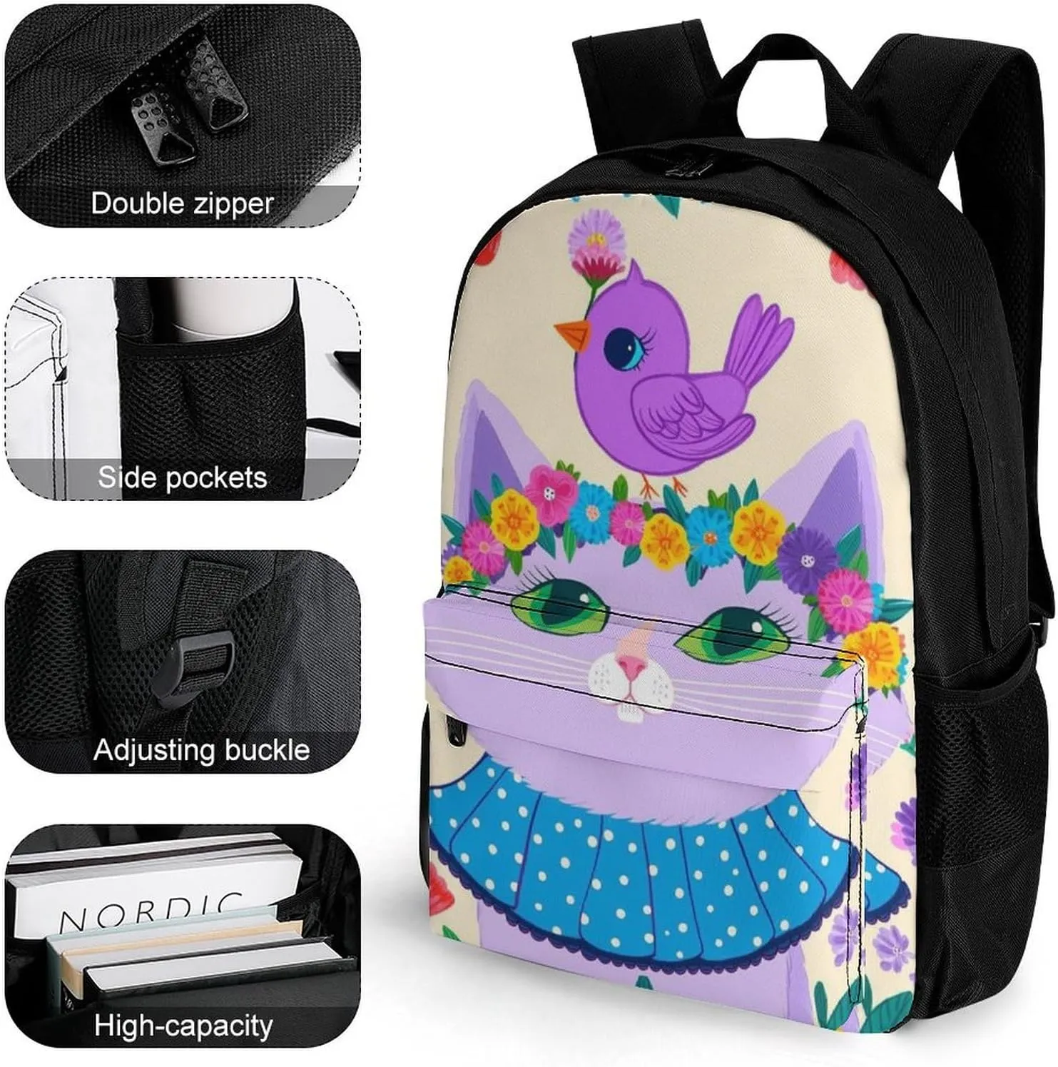 Backpack Anti-Theft Multipurpose Large Capacity Carry On Bag - Cartoon Cats Birds Flowers Childlike And Dreamy Art Camping Outdoor Backpack With Side Pockets