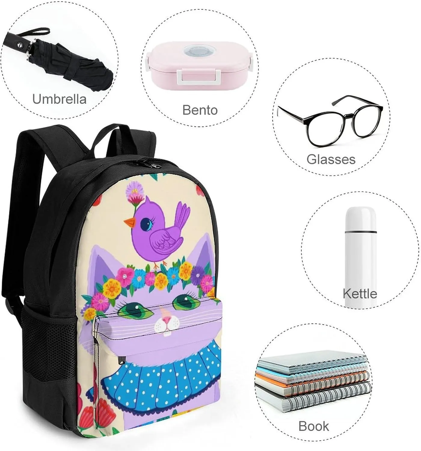 Backpack Anti-Theft Multipurpose Large Capacity Carry On Bag - Cartoon Cats Birds Flowers Childlike And Dreamy Art Camping Outdoor Backpack With Side Pockets