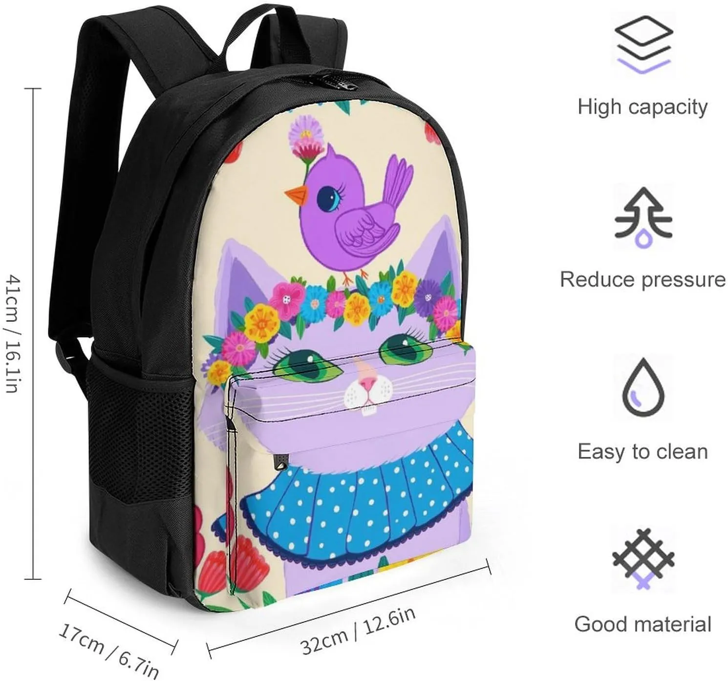 Backpack Anti-Theft Multipurpose Large Capacity Carry On Bag - Cartoon Cats Birds Flowers Childlike And Dreamy Art Camping Outdoor Backpack With Side Pockets