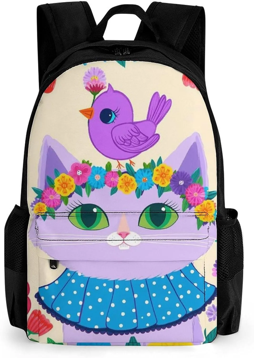 Backpack Anti-Theft Multipurpose Large Capacity Carry On Bag - Cartoon Cats Birds Flowers Childlike And Dreamy Art Camping Outdoor Backpack With Side Pockets