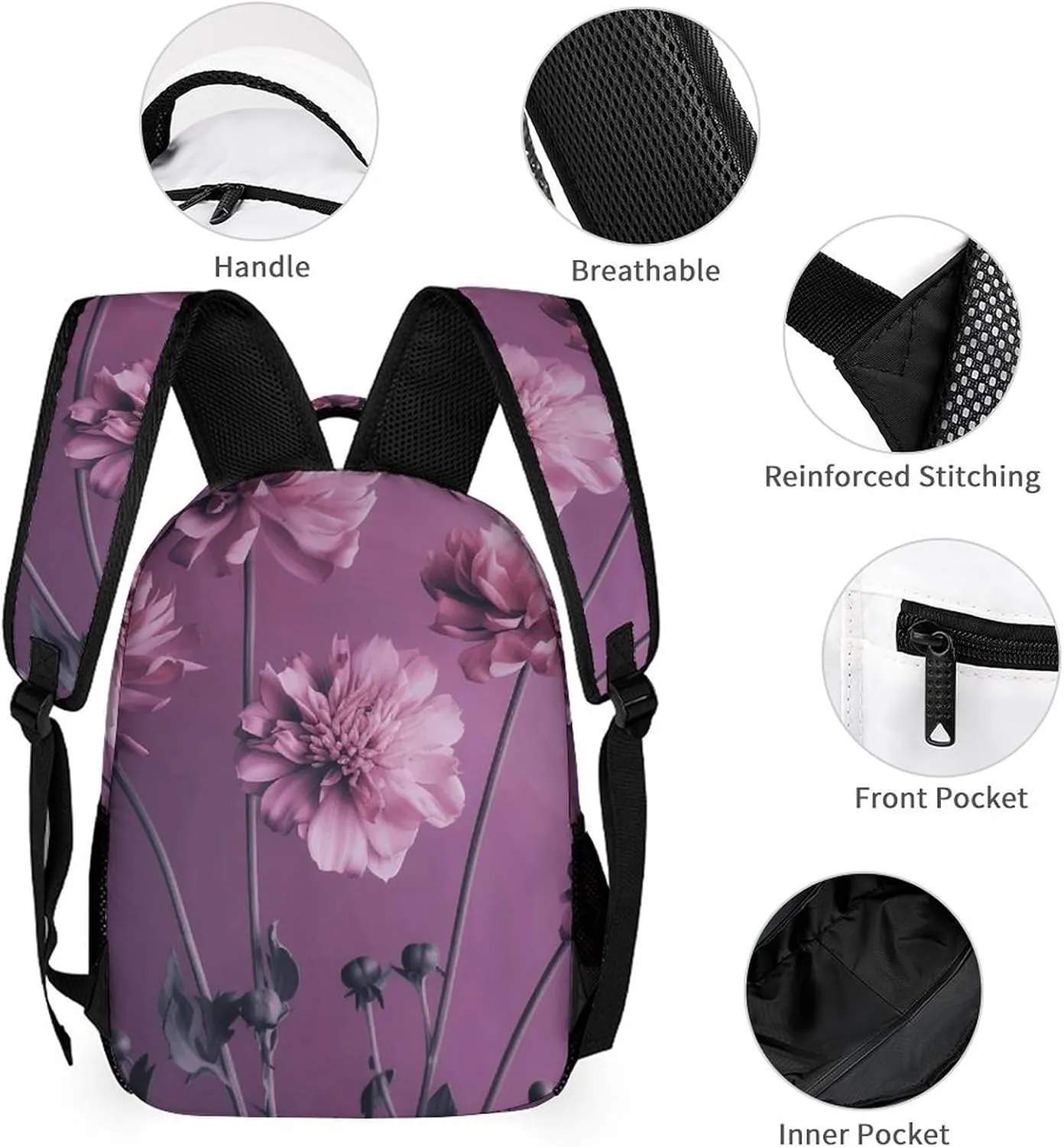 Backpack for Men Women Laptop Backpack Flowers on Purple Background Casual Daypack Laptop Bag for Travel