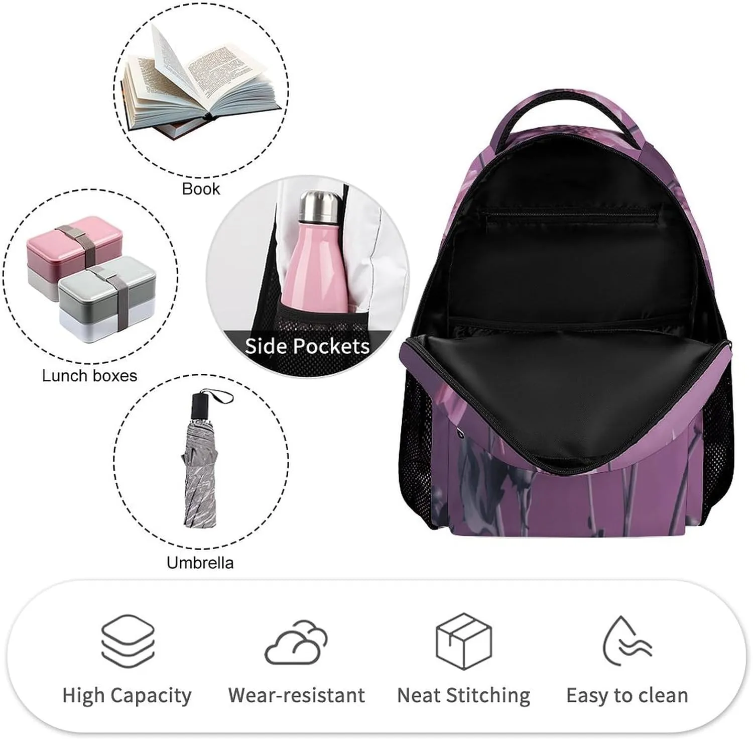 Backpack for Men Women Laptop Backpack Flowers on Purple Background Casual Daypack Laptop Bag for Travel