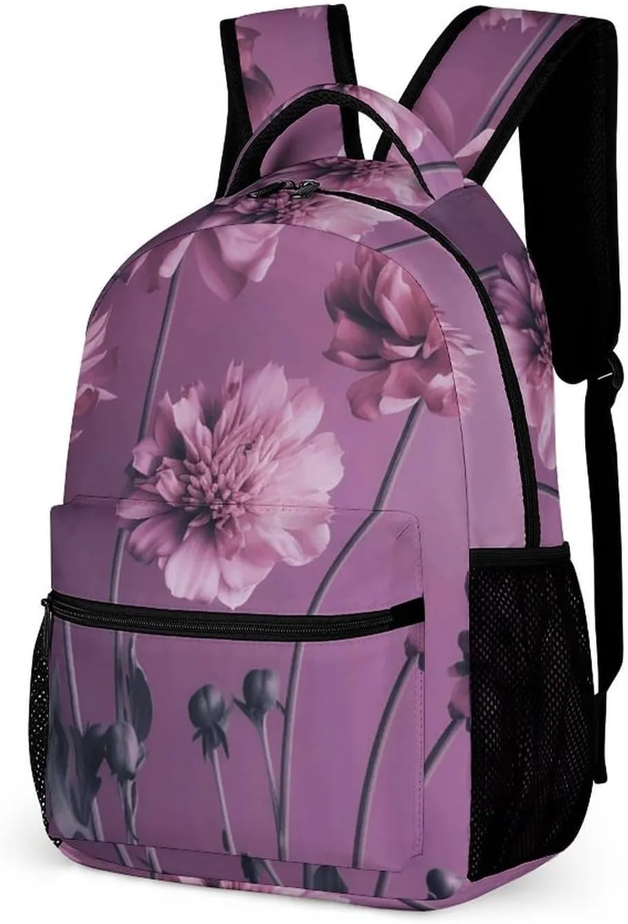 Backpack for Men Women Laptop Backpack Flowers on Purple Background Casual Daypack Laptop Bag for Travel