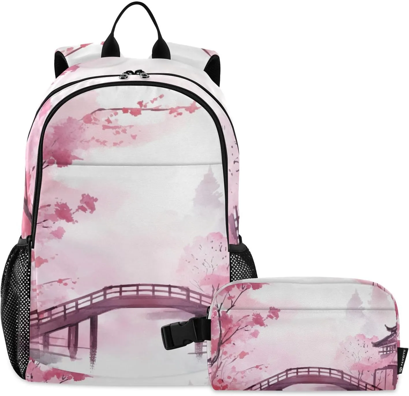 Backpack Lightweight Daypack Travel Laptop Backpack & Lunch Bag Set for Daily Use, Pink Asian Bridge