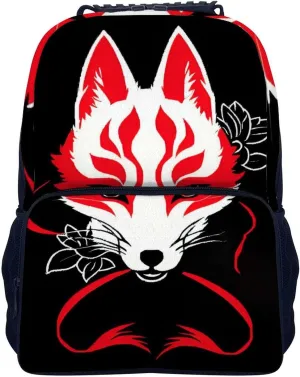 Backpack Multipurpose Anti-Theft Large Capacity Bookbag - Japanese Kitsune Mask Art Travel Hiking Daypack With Side Pockets