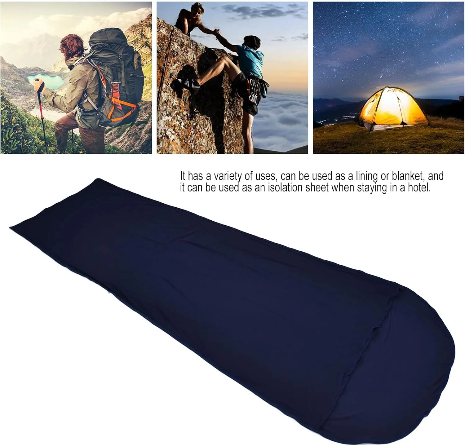 Bag Liner, 200x80cm Ultralight Multifunctional Elastic Sleeping Sack Lightweight Breathable Cotton Liner for Picnic Hiking Outdoor Camping(Dark Blue)