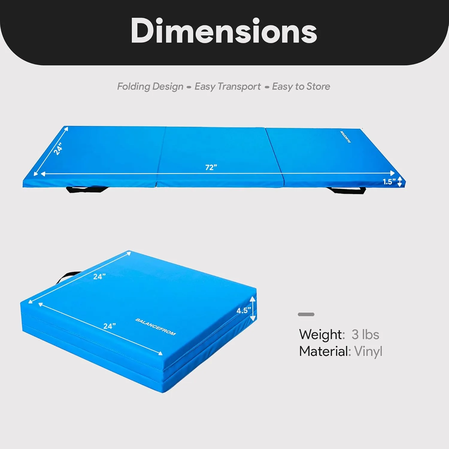 BalanceFrom 2ft x 6ft Three Fold Folding Exercise Mat with Carrying Handles for MMA, Gymnastics and Home Gym Protective Flooring, 1.5-Inch Thick, Multiple Colors
