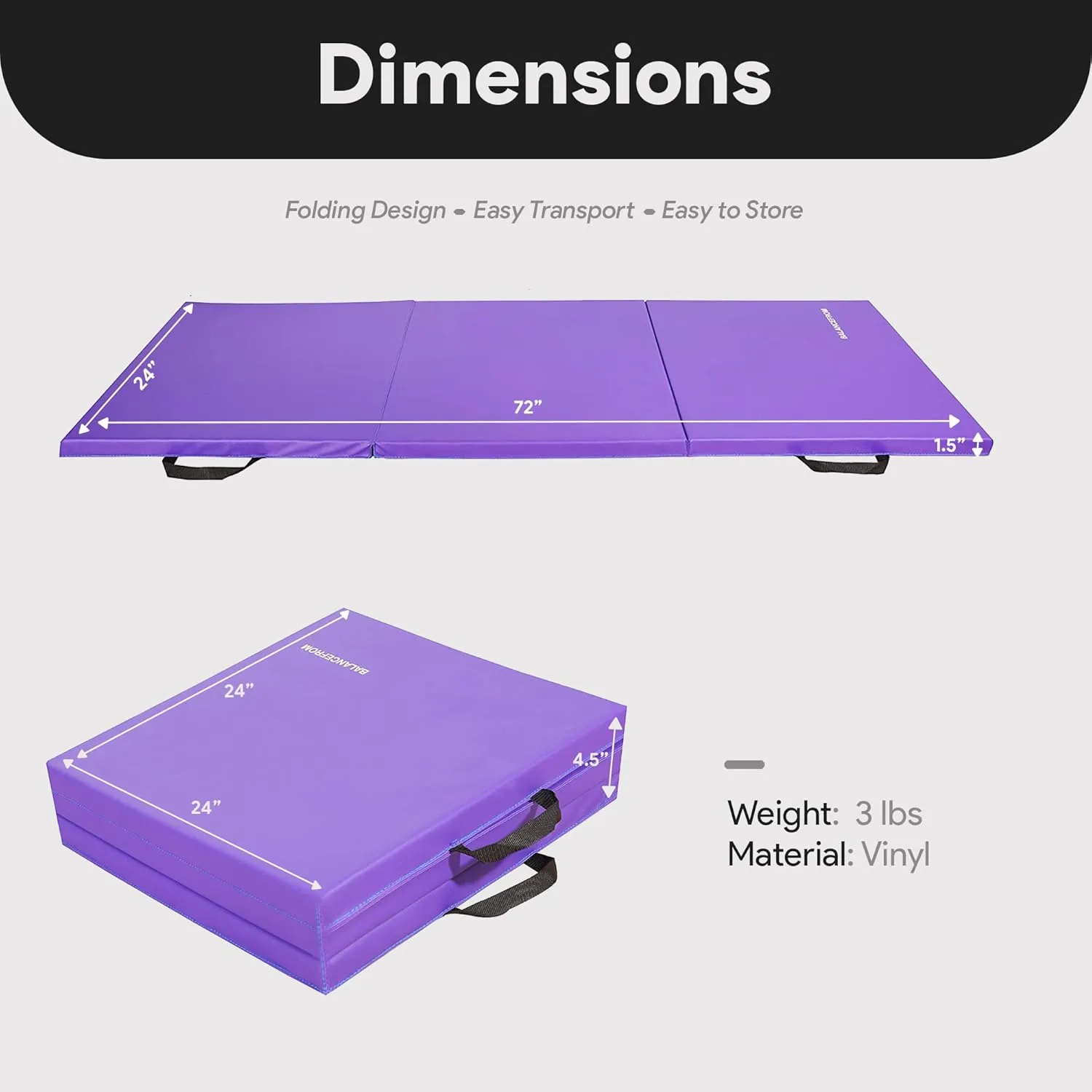 BalanceFrom 2ft x 6ft Three Fold Folding Exercise Mat with Carrying Handles for MMA, Gymnastics and Home Gym Protective Flooring, 1.5-Inch Thick, Multiple Colors