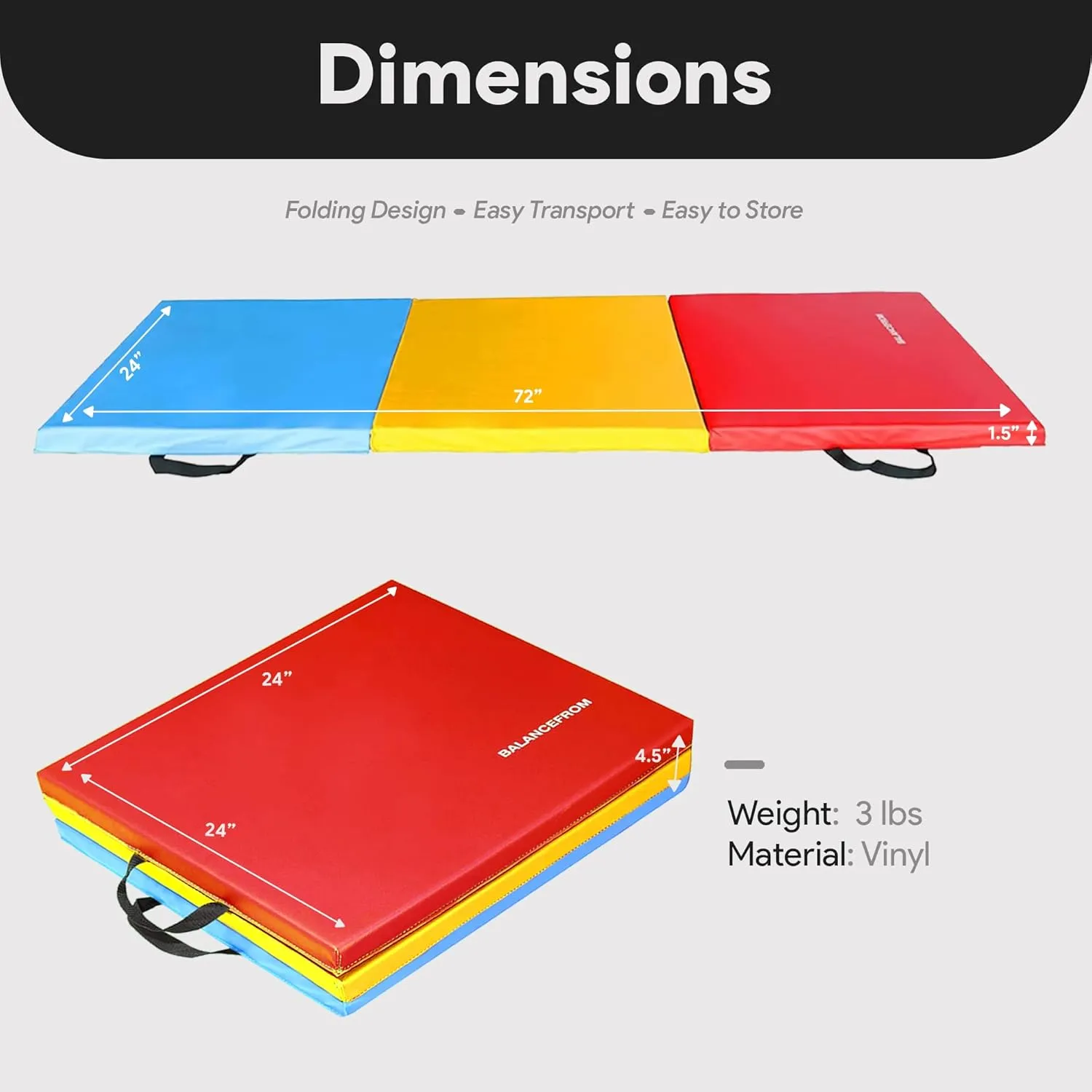 BalanceFrom 2ft x 6ft Three Fold Folding Exercise Mat with Carrying Handles for MMA, Gymnastics and Home Gym Protective Flooring, 1.5-Inch Thick, Multiple Colors