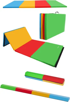 BalanceFrom Fitness 72 x 48 Inch All Purpose Exercise Mat Bundled with 8 Foot Balance Beam Foldable Gymnastic Activity Set, Multicolor