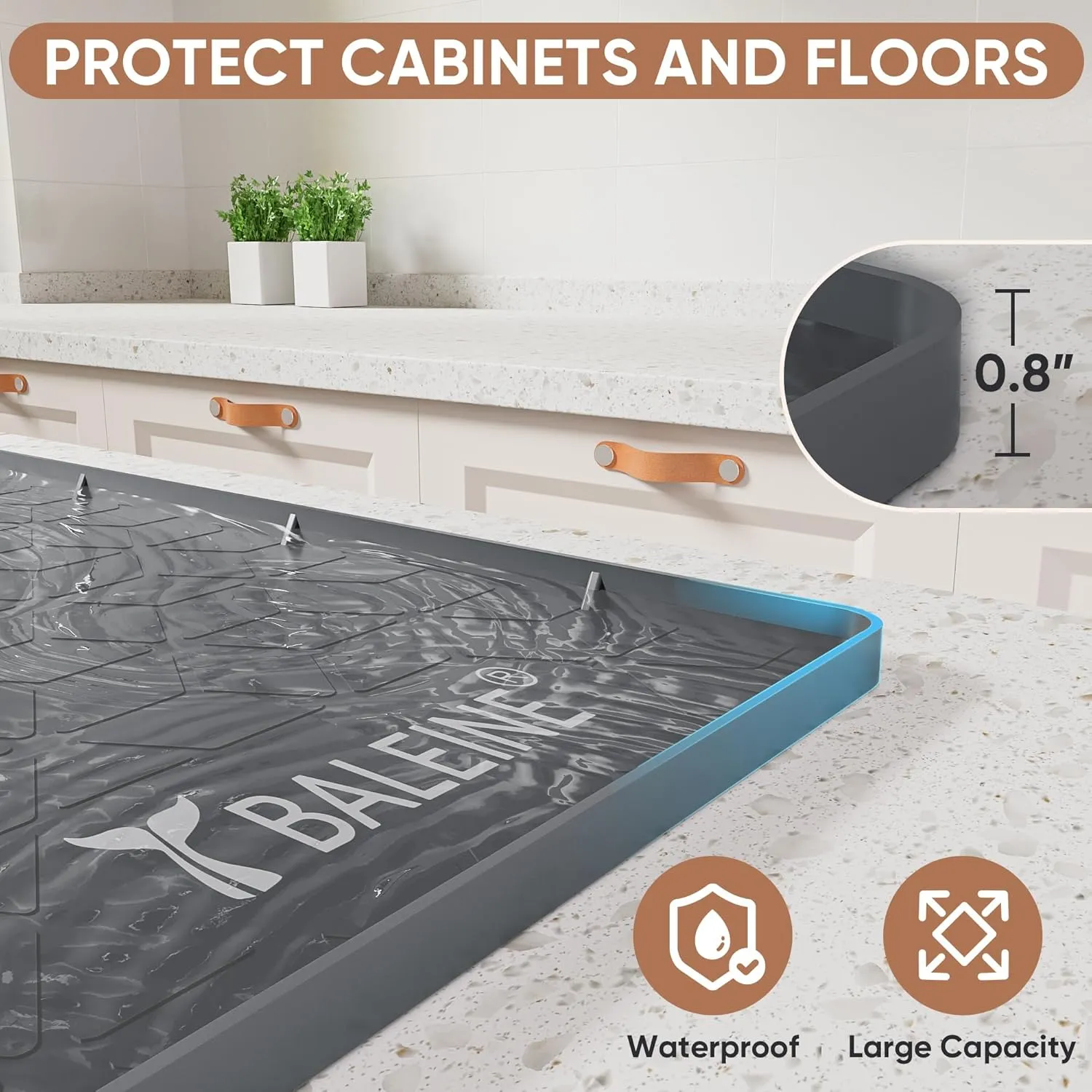 BALEINE 28''×22'' Under Sink Mat, Waterproof Food Grade Silicone Undersink Mat, Cabinet Shelf Drip Tray, Under Sink Liner for Kitchen, Bathroom (Grey)