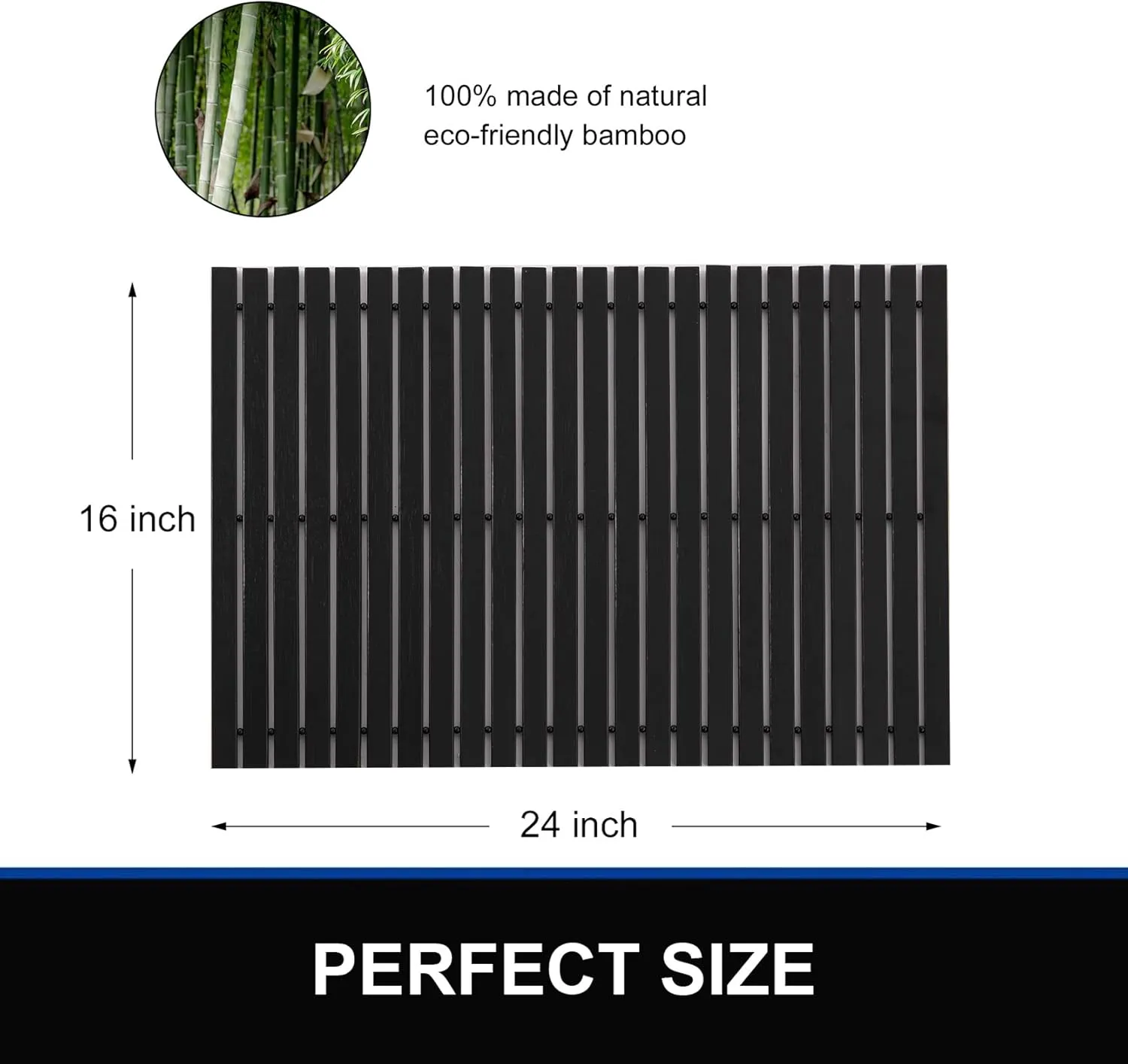 Bamboo Bath Mat Bathroom Rugs Floor Wood Shower Bathtub Waterproof Non Slip Accessories 16x24 Inch Easy to Clean, Black Bamboo, 1 pc