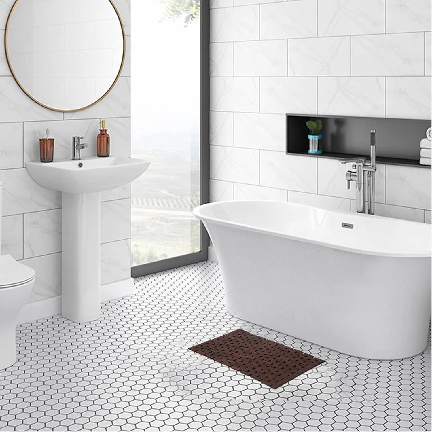Bamboo Bath Mat Bathroom Rugs Floor Wood Shower Bathtub Waterproof Non Slip Accessories 16x24 Inch Easy to Clean, Brown, 1 pc