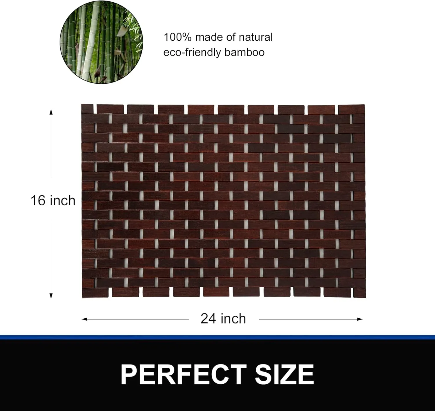 Bamboo Bath Mat Bathroom Rugs Floor Wood Shower Bathtub Waterproof Non Slip Accessories 16x24 Inch Easy to Clean, Brown, 1 pc
