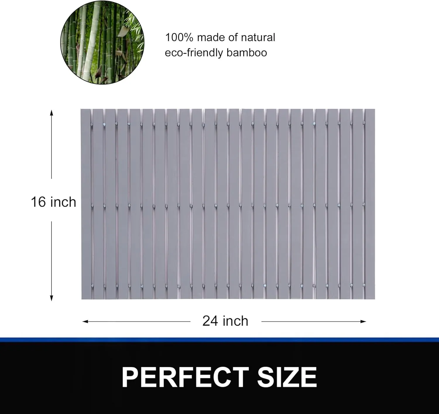 Bamboo Bath Mat Bathroom Rugs Floor Wood Shower Bathtub Waterproof Non Slip Accessories 16x24 Inch Easy to Clean, Grey Bamboo, 1 pc