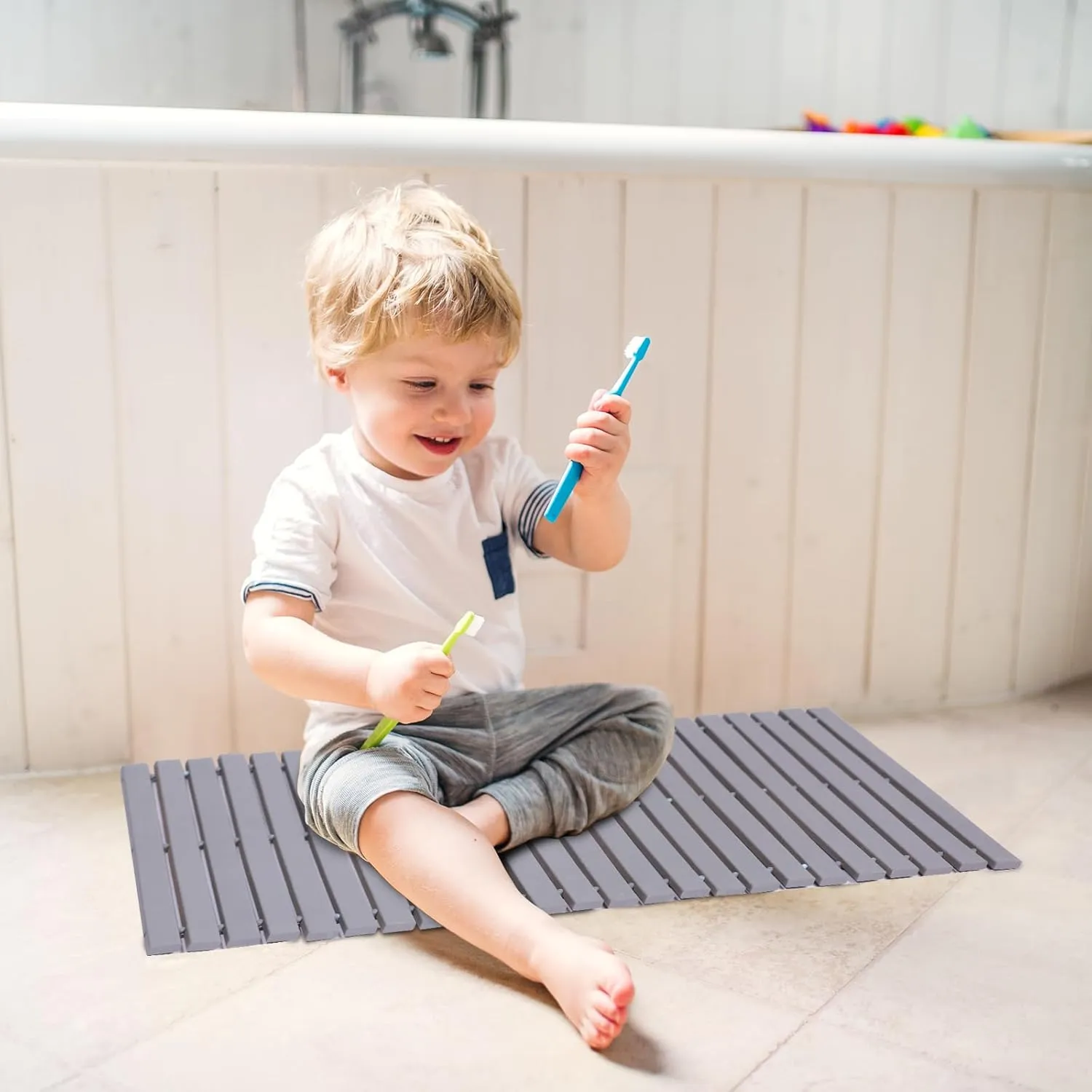 Bamboo Bath Mat Bathroom Rugs Floor Wood Shower Bathtub Waterproof Non Slip Accessories 16x24 Inch Easy to Clean, Grey Bamboo, 1 pc