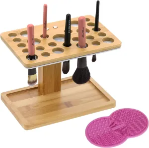 Bamboo Brush Makeup Cosmetic Air Drying Rack Tower Acrylic Folding Brushes Dryer Holder Display Organizer Stand with Silicone Brush Cleaner Mat Support Tray(26 Hole, FULLY ASSEMBLED) – MK288B