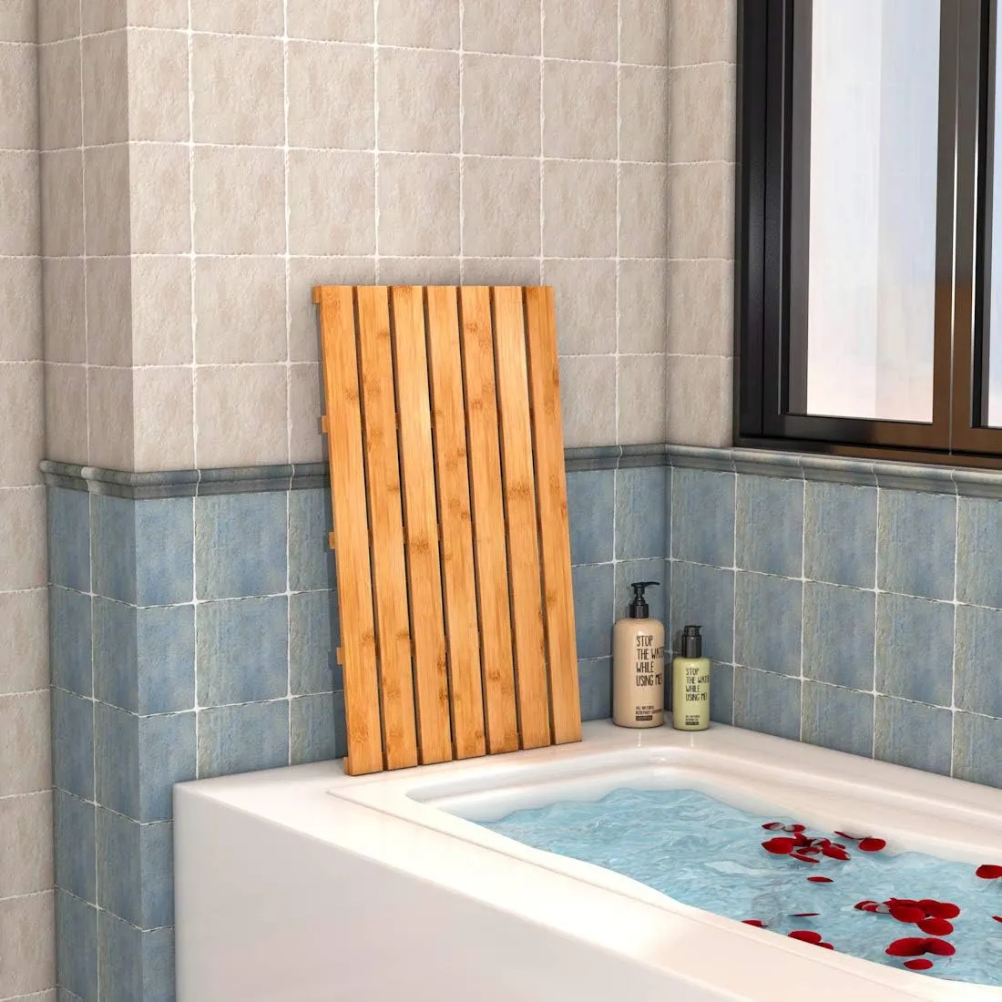 Bamboo Wooden Bath Floor Mat for Luxury Shower - Non-Slip Bathroom Waterproof Carpet for Indoor or Outdoor Use (31.3 x 18.1 x 1.5 Inches)