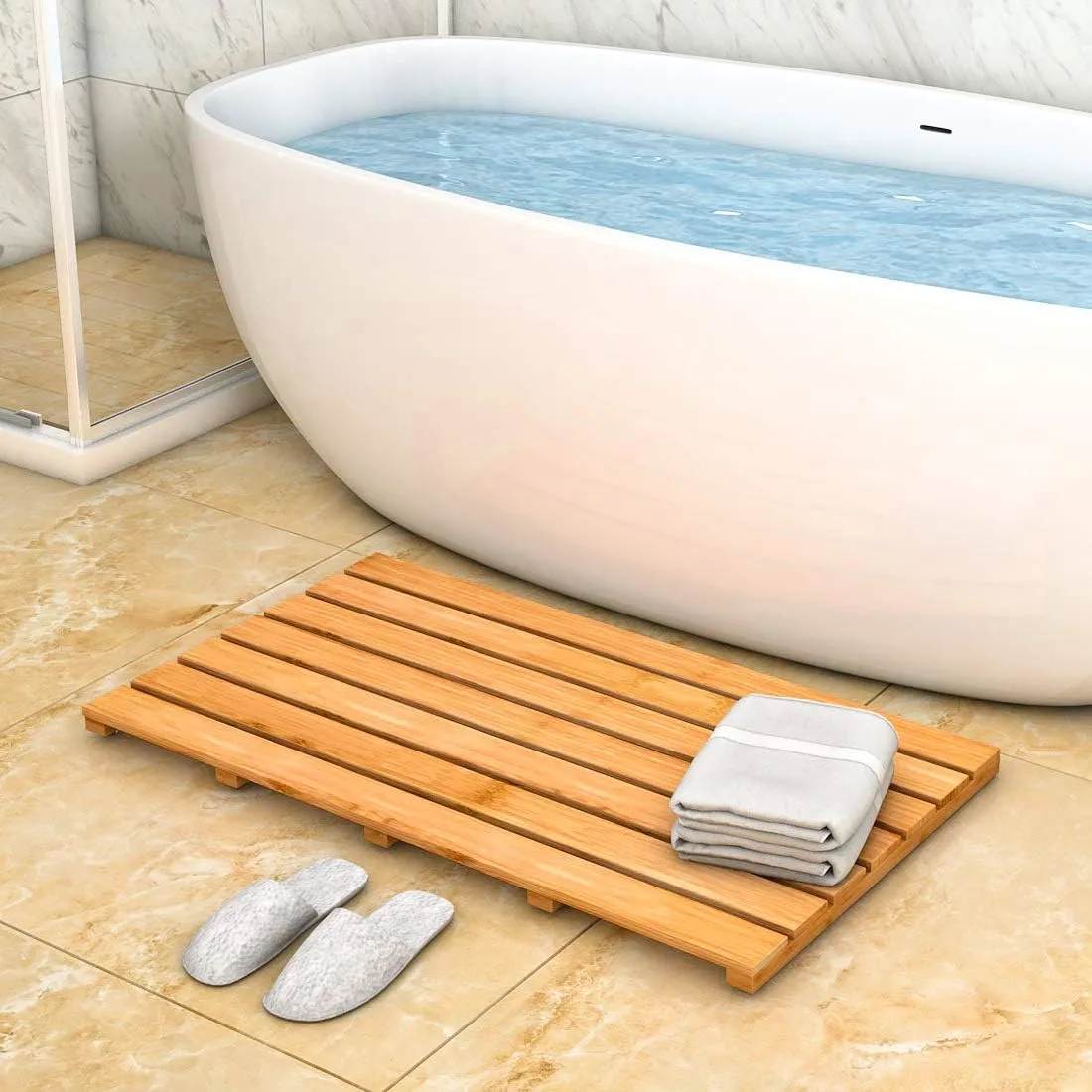 Bamboo Wooden Bath Floor Mat for Luxury Shower - Non-Slip Bathroom Waterproof Carpet for Indoor or Outdoor Use (31.3 x 18.1 x 1.5 Inches)