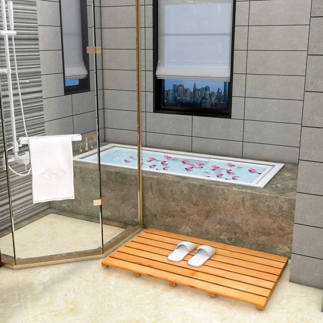 Bamboo Wooden Bath Floor Mat for Luxury Shower - Non-Slip Bathroom Waterproof Carpet for Indoor or Outdoor Use (31.3 x 18.1 x 1.5 Inches)