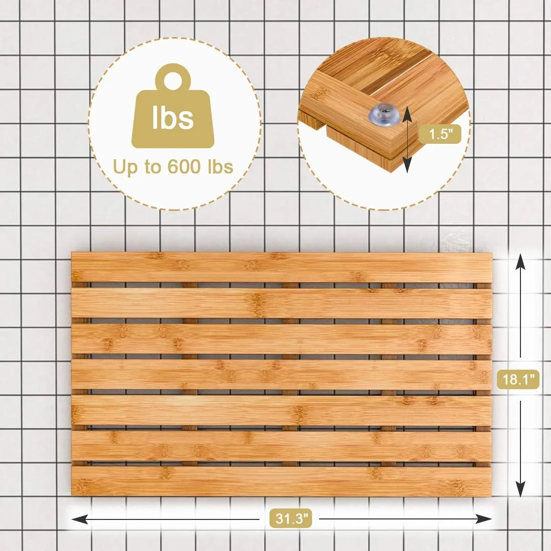 Bamboo Wooden Bath Floor Mat for Luxury Shower - Non-Slip Bathroom Waterproof Carpet for Indoor or Outdoor Use (31.3 x 18.1 x 1.5 Inches)