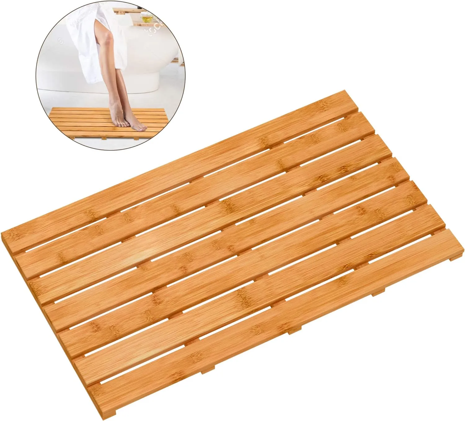 Bamboo Wooden Bath Floor Mat for Luxury Shower - Non-Slip Bathroom Waterproof Carpet for Indoor or Outdoor Use (31.3 x 18.1 x 1.5 Inches)