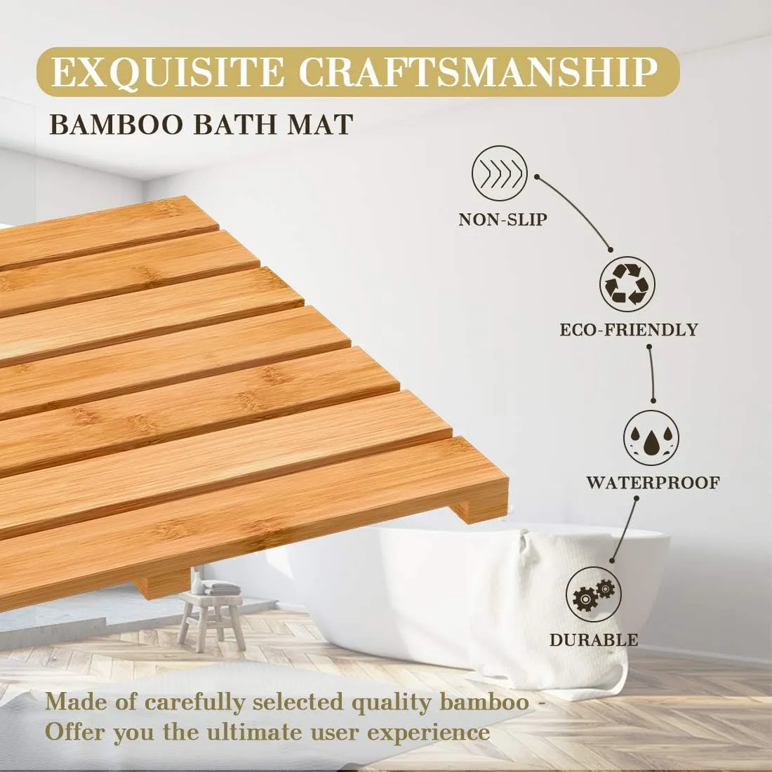 Bamboo Wooden Bath Floor Mat for Luxury Shower - Non-Slip Bathroom Waterproof Carpet for Indoor or Outdoor Use (31.3 x 18.1 x 1.5 Inches)