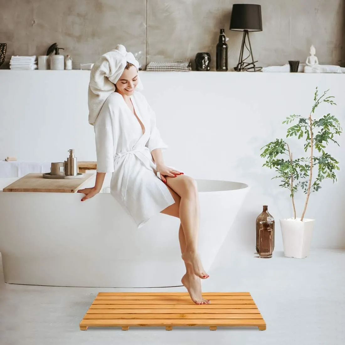 Bamboo Wooden Bath Floor Mat for Luxury Shower - Non-Slip Bathroom Waterproof Carpet for Indoor or Outdoor Use (31.3 x 18.1 x 1.5 Inches)