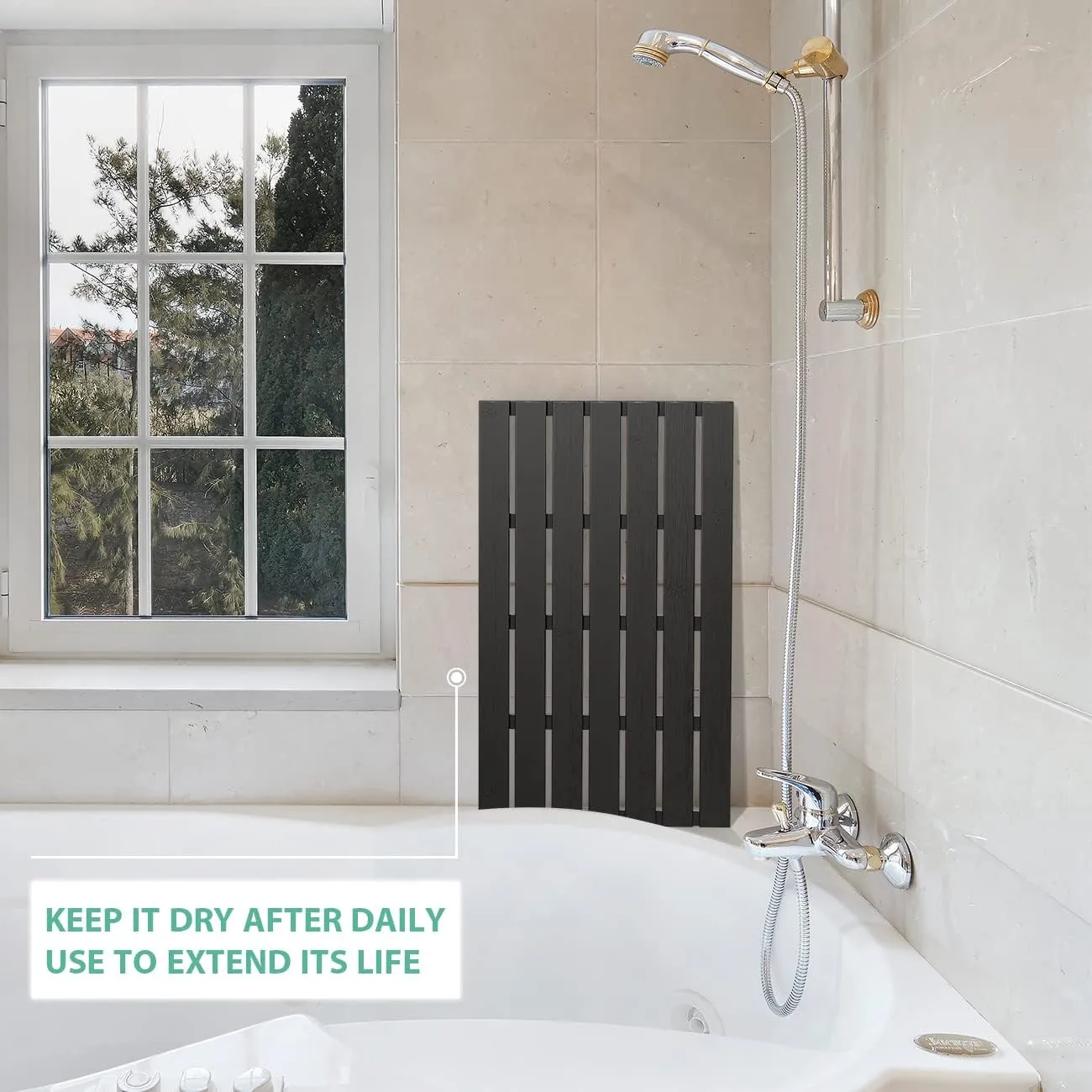 Bamboo Wooden Bath Floor Mat for Luxury Shower - Non-Slip Bathroom Waterproof Carpet for Indoor or Outdoor Use (Black,31.3 x 18.1 x 1.5 Inches)