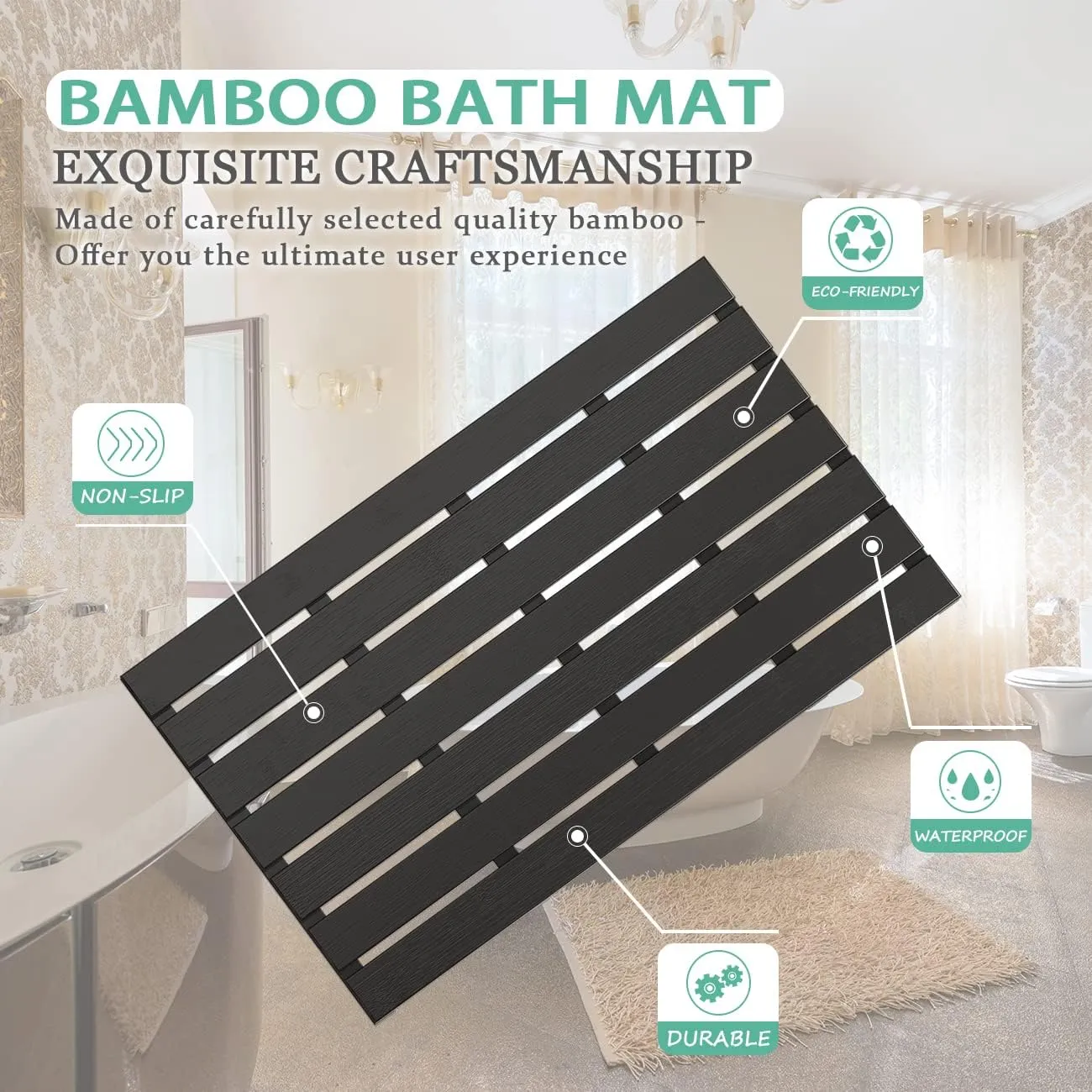 Bamboo Wooden Bath Floor Mat for Luxury Shower - Non-Slip Bathroom Waterproof Carpet for Indoor or Outdoor Use (Black,31.3 x 18.1 x 1.5 Inches)