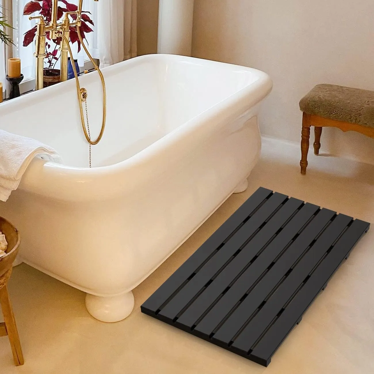 Bamboo Wooden Bath Floor Mat for Luxury Shower - Non-Slip Bathroom Waterproof Carpet for Indoor or Outdoor Use (Black,31.3 x 18.1 x 1.5 Inches)