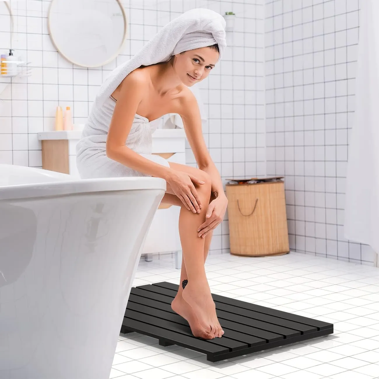 Bamboo Wooden Bath Floor Mat for Luxury Shower - Non-Slip Bathroom Waterproof Carpet for Indoor or Outdoor Use (Black,31.3 x 18.1 x 1.5 Inches)