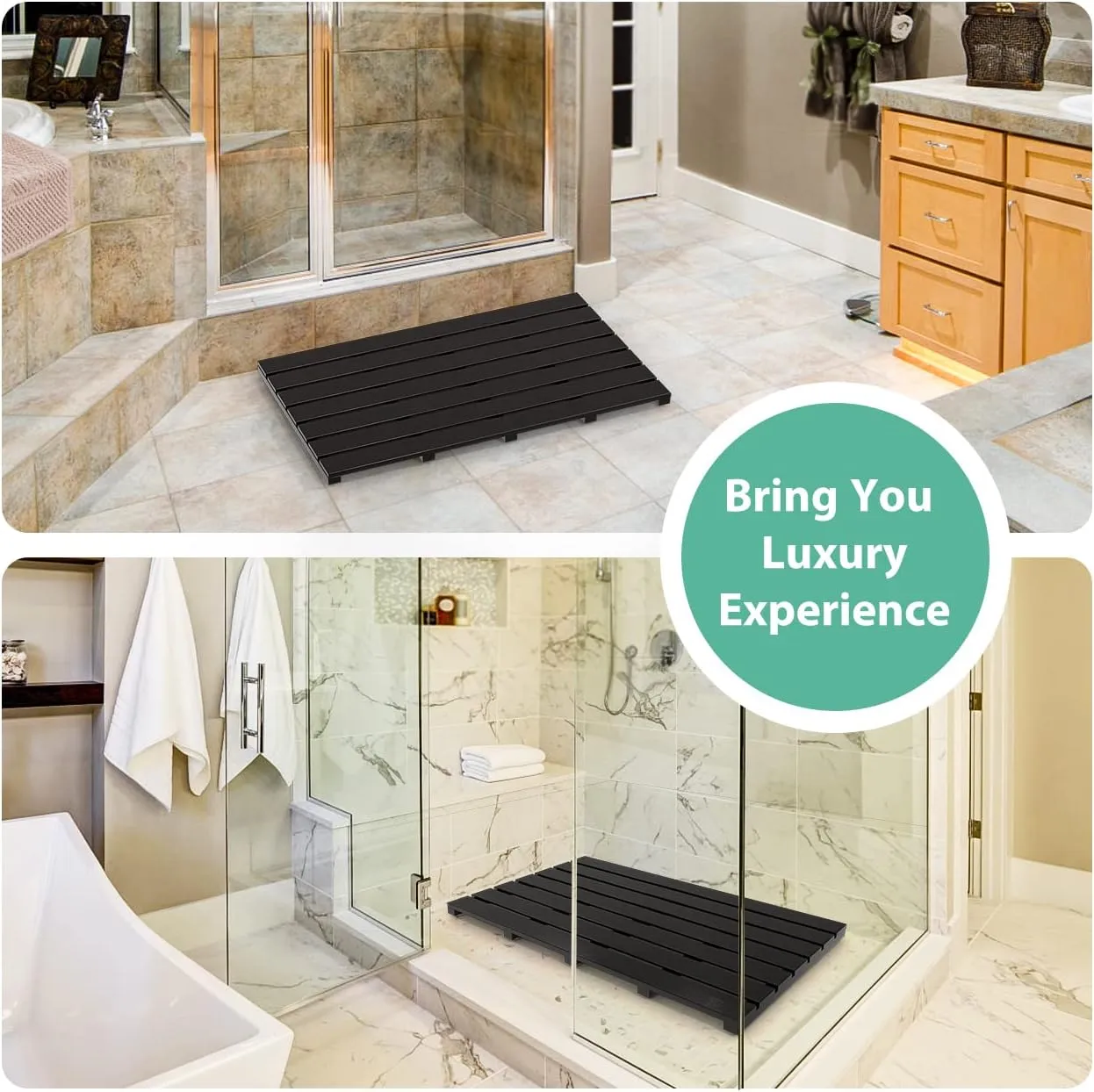 Bamboo Wooden Bath Floor Mat for Luxury Shower - Non-Slip Bathroom Waterproof Carpet for Indoor or Outdoor Use (Black,31.3 x 18.1 x 1.5 Inches)