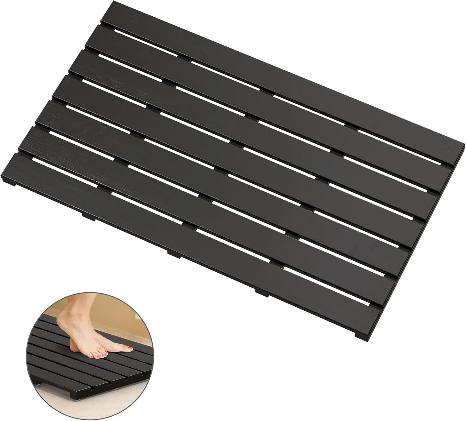 Bamboo Wooden Bath Floor Mat for Luxury Shower - Non-Slip Bathroom Waterproof Carpet for Indoor or Outdoor Use (Black,31.3 x 18.1 x 1.5 Inches)