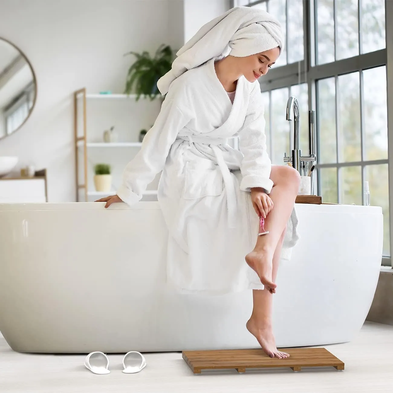 Bamboo Wooden Bath Floor Mat for Luxury Shower - Non-Slip Bathroom Waterproof Carpet for Indoor or Outdoor Use (Walnut)