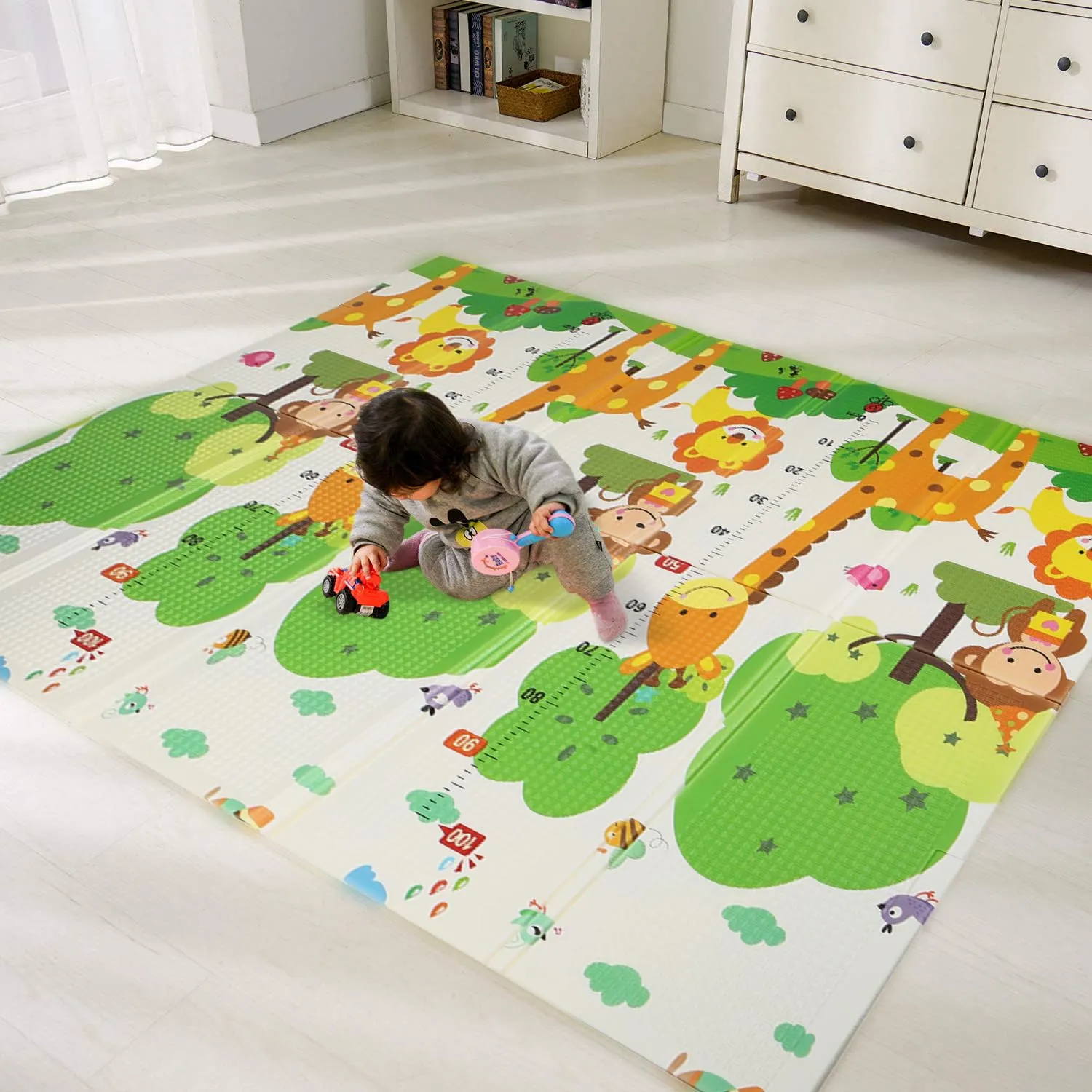 Bammax X-Large Waterproof Foam Padded Baby Play Mat | Safe Foam Reversible & Foldable | 70" x 78" | Use as Baby Crawling Mat or Kids Play Mat for Floor - Giraffe & Mixed Animals
