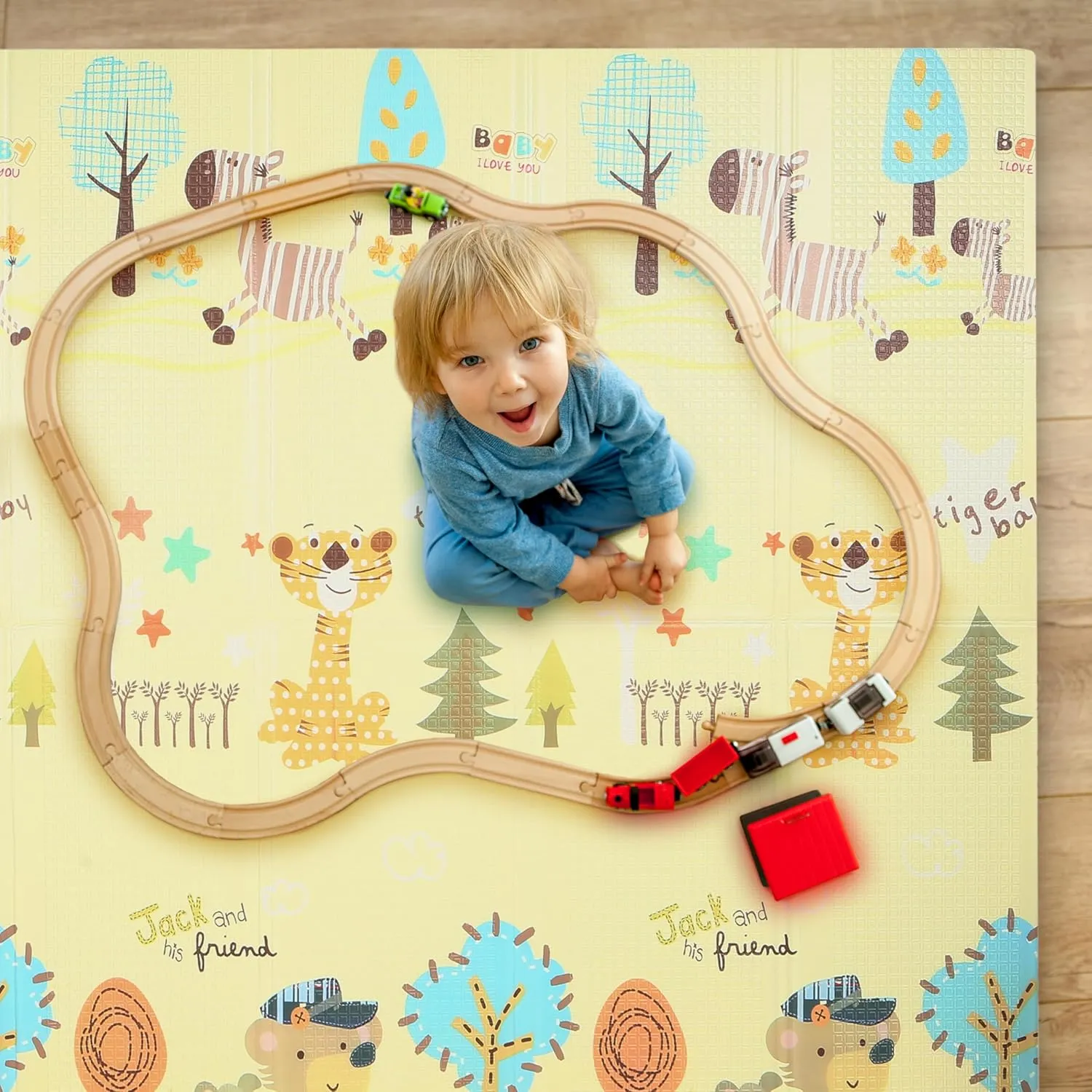 Bammax X-Large Waterproof Foam Padded Baby Play Mat | Safe Foam Reversible & Foldable | 70" x 78" | Use as Baby Crawling Mat or Kids Play Mat for Floor - Giraffe & Mixed Animals