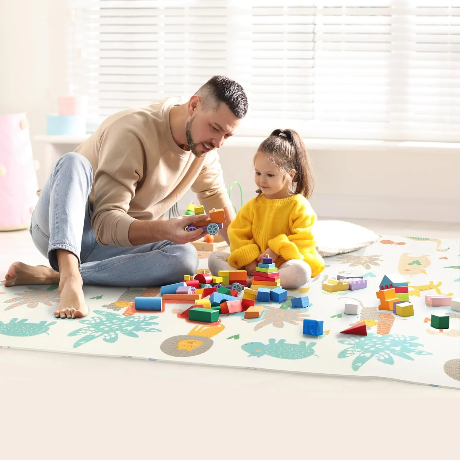 Bammax X-Large Waterproof Foam Padded Play Mat | Reversible & Foldable | Safe Baby & Kids Play Mat | 70" x 78" | Dinosaurs & Safari Animals