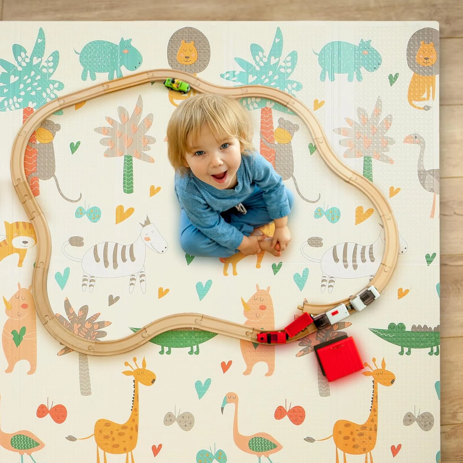 Bammax X-Large Waterproof Foam Padded Play Mat | Reversible & Foldable | Safe Baby & Kids Play Mat | 70" x 78" | Dinosaurs & Safari Animals