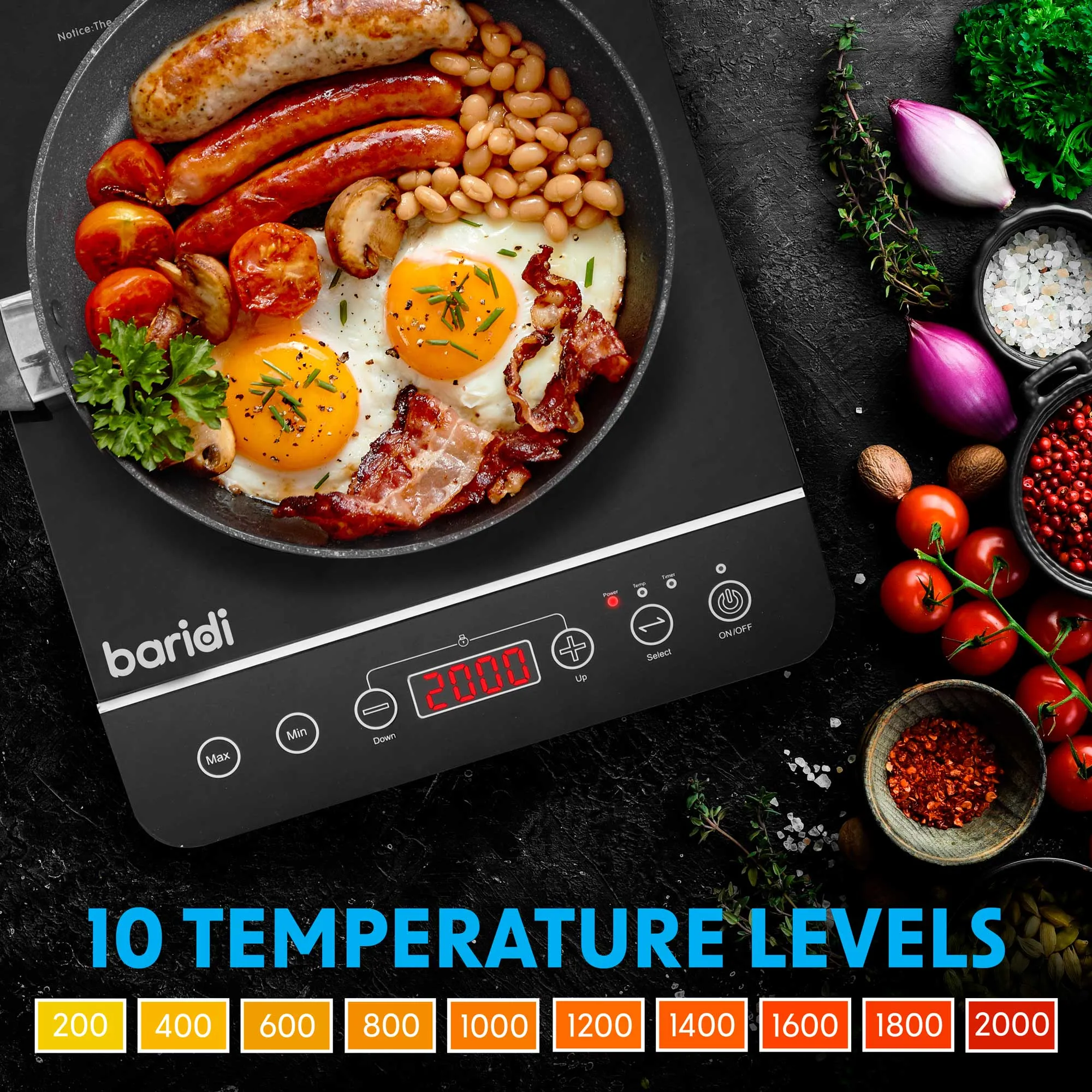 Baridi Portable Induction Hob: Single Zone, 2000W, 10 Power Settings, Timer Function, Black - DH145