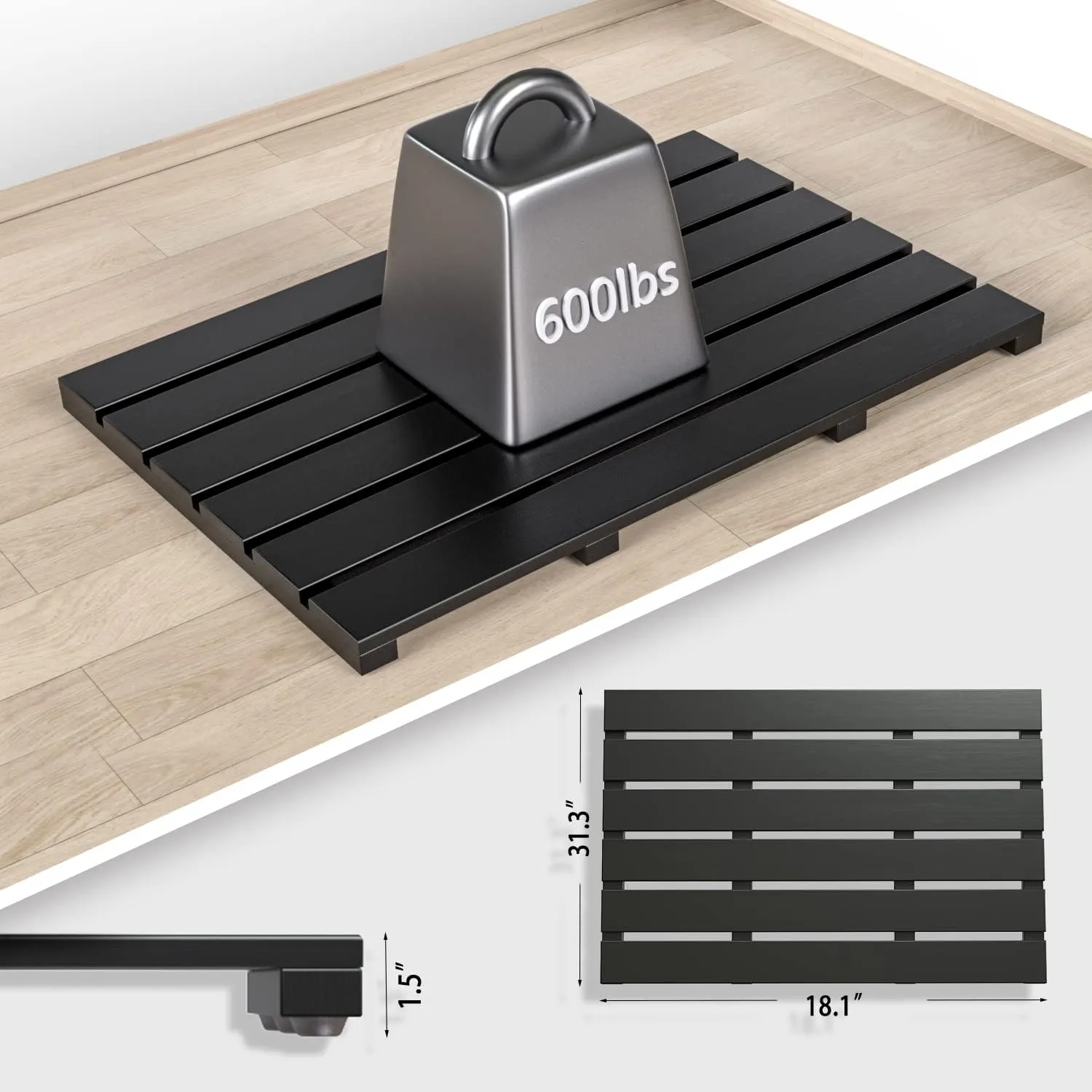 Bath Mat for Bathroom Luxury Shower - Non-Slip Bamboo Wooden Waterproof Floor Mat for Indoor or Outdoor Use(Black)