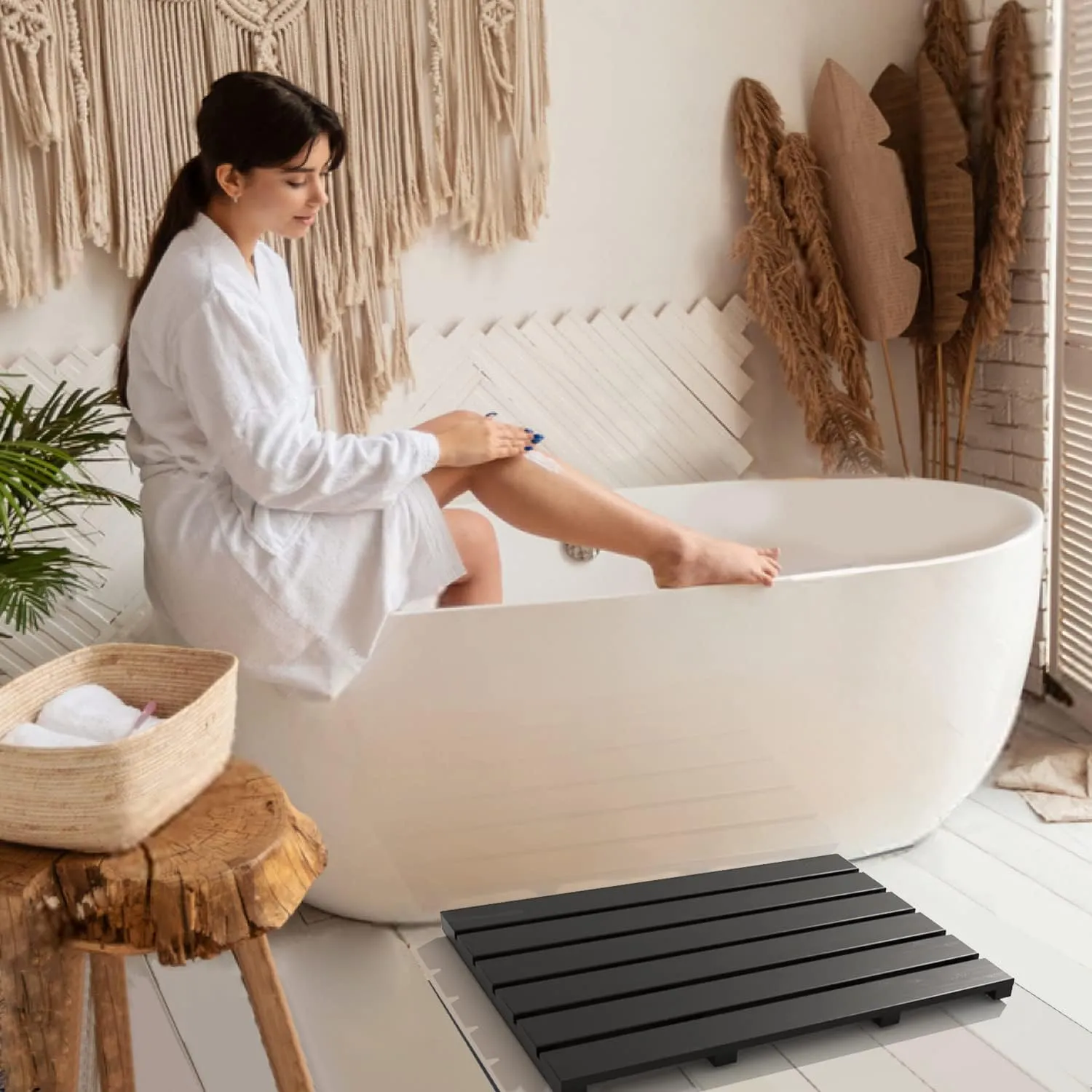 Bath Mat for Bathroom Luxury Shower - Non-Slip Bamboo Wooden Waterproof Floor Mat for Indoor or Outdoor Use(Black)