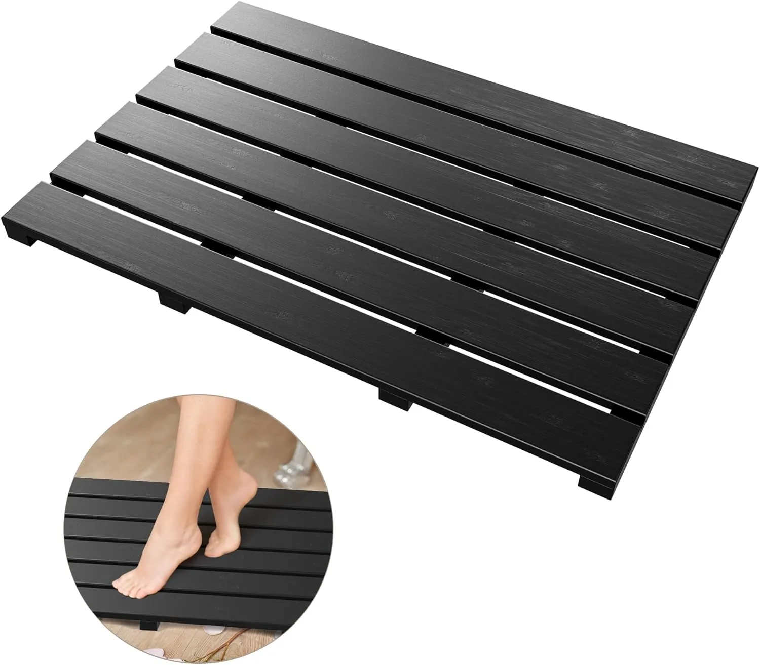 Bath Mat for Bathroom Luxury Shower - Non-Slip Bamboo Wooden Waterproof Floor Mat for Indoor or Outdoor Use(Black)