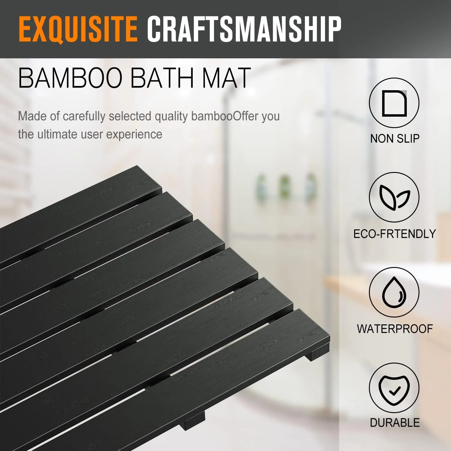 Bath Mat for Bathroom Luxury Shower - Non-Slip Bamboo Wooden Waterproof Floor Mat for Indoor or Outdoor Use(Black)