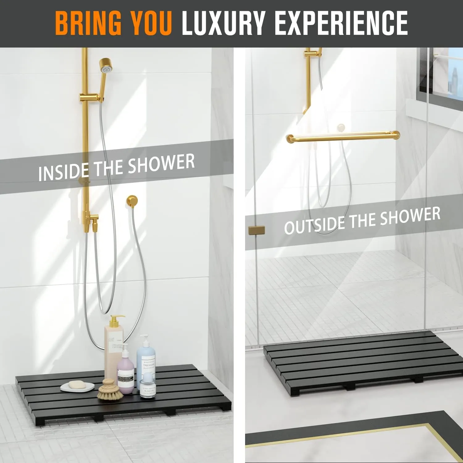Bath Mat for Bathroom Luxury Shower - Non-Slip Bamboo Wooden Waterproof Floor Mat for Indoor or Outdoor Use(Black)