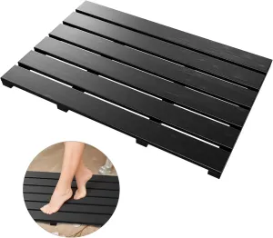 Bath Mat for Bathroom Luxury Shower - Non-Slip Bamboo Wooden Waterproof Floor Mat for Indoor or Outdoor Use(Black)