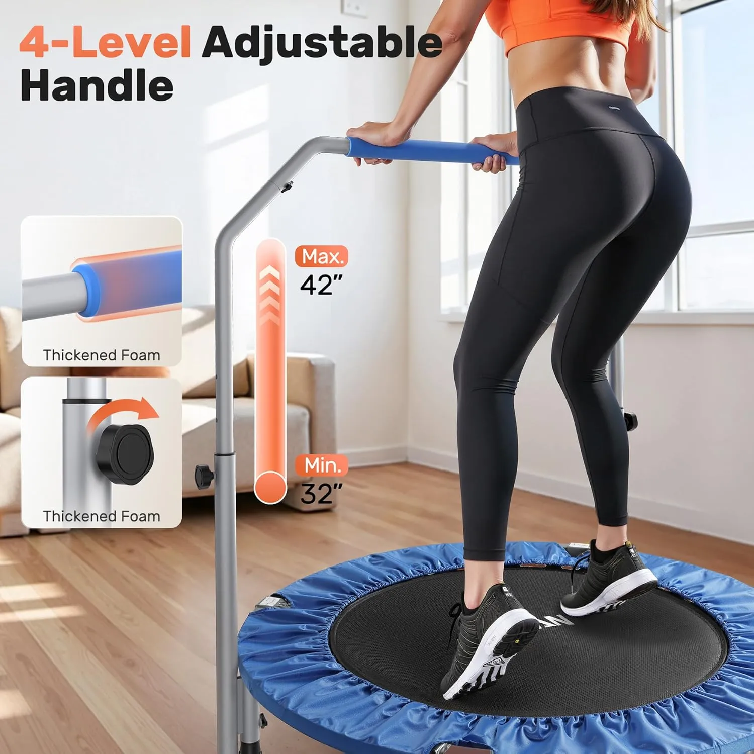 BCAN 40/48" Foldable Mini Trampoline Max Load 330lbs/440lbs, Fitness Rebounder with Adjustable Foam Handle, Exercise Trampoline for Adults Indoor/Garden Workout