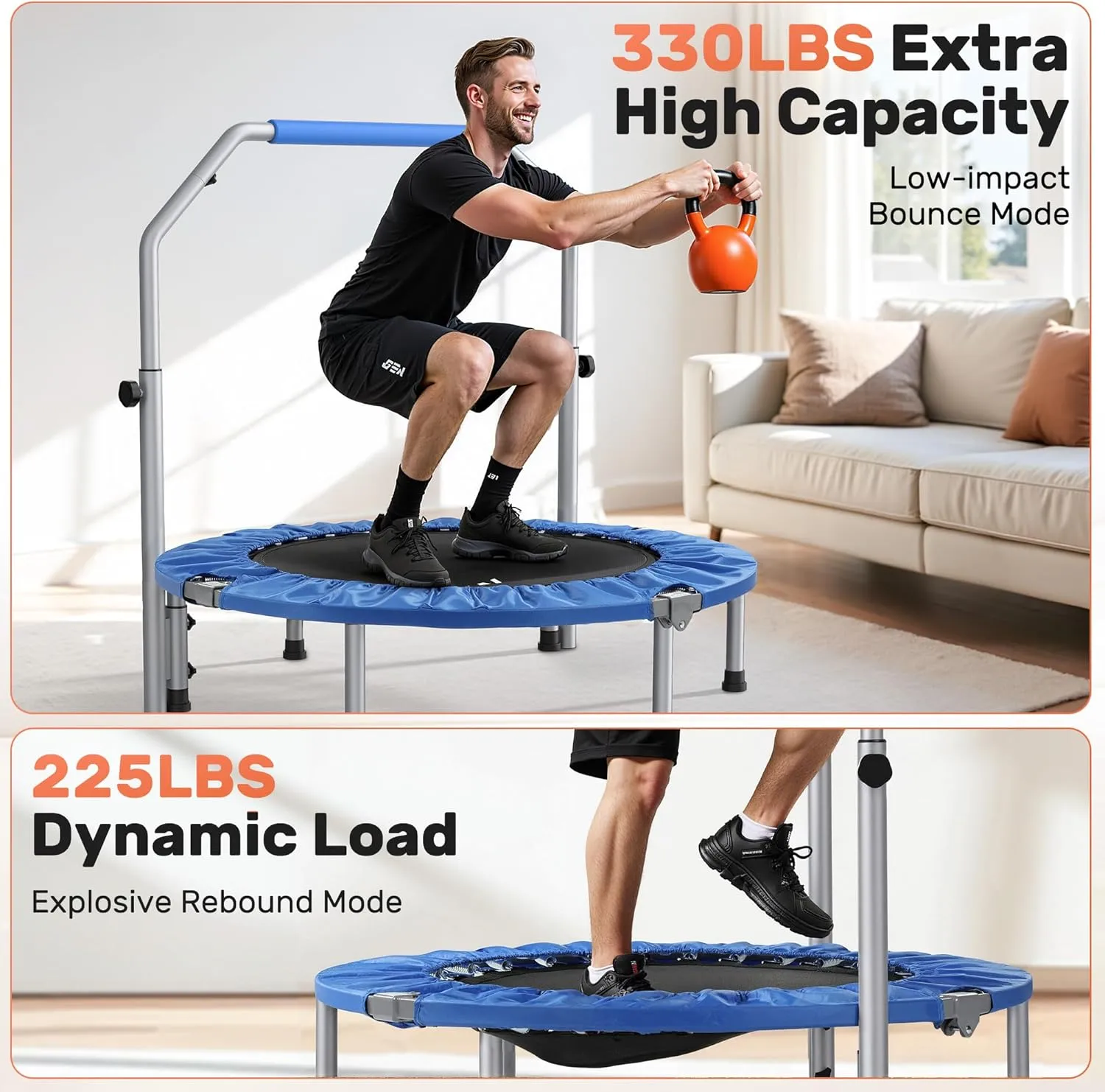 BCAN 40/48" Foldable Mini Trampoline Max Load 330lbs/440lbs, Fitness Rebounder with Adjustable Foam Handle, Exercise Trampoline for Adults Indoor/Garden Workout